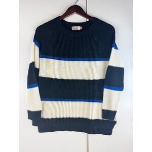 SO Striped Knit Sweater Pullover Crew Neck Long Sleeve Casual Black White Blue L